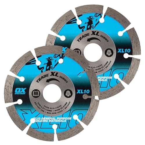Image of OX Trade XL-10 Segmented Diamond Blade Twin Pack - 115mm Dia/22mm Bore, General Purpose Cutting Disc for Concrete, Bricks, Kerbs, Pavers & Building Materials, Fits Angle Grinder & Disc Cutter