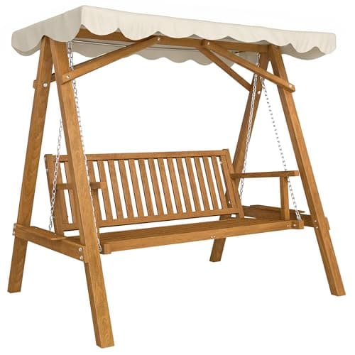 Image of Outsunny 3 Seater Garden Swing Seat with Canopy, Wooden Swing Chair, Outdoor Hammock Bench for Balcony Patio Porch, Cream White