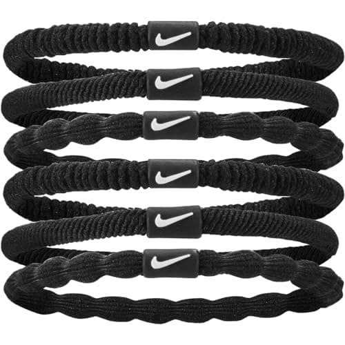 Image of Nike Flex Hair Tie Pack of 6 Hair Bands Running Fitness Training Sport Hairband Set, Black/Black/White, One Size