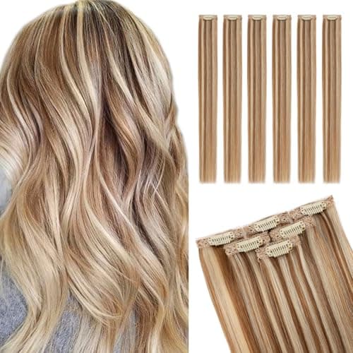 Image of Elailite Real Hair Extensions Clip In Human Hair Remy Double Weft 6 Pcs Seamless Highlights Hairpieces Straight - #6/613 Light Brown Mix Bleach Blonde - 16 Inch 40g