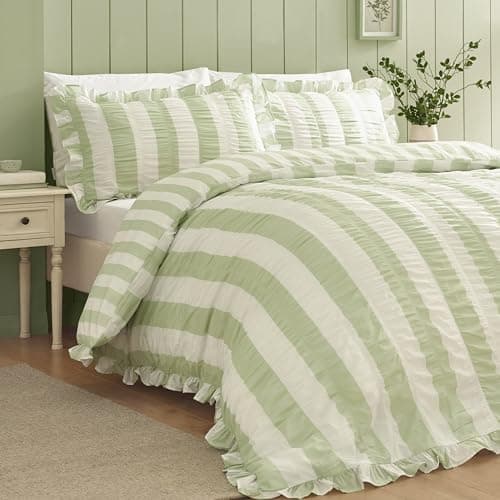 Image of Catherine Lansfield Seersucker Frill Stripe Single Duvet Cover Set with Pillowcase Green