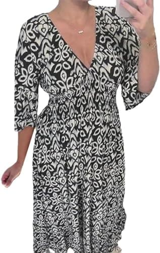 Image of GuyAna V-Neck Floral Dress,Women's Plus-Size Super Fairy V-Neck Floral Dress Beach Holiday Beach Skirt Long Skirt (Black,5XL)