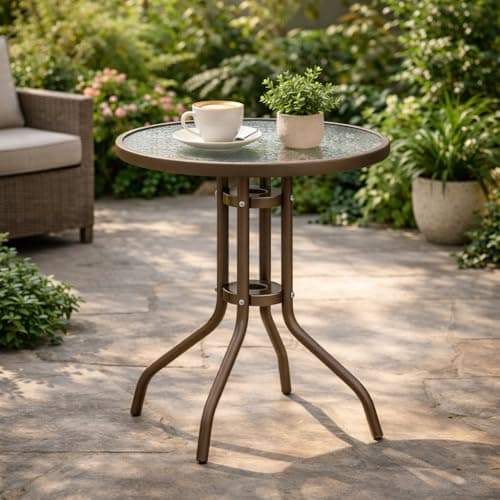 Image of Emirates Living Round Glass Garden Table – Tempered Glass Top Patio Bistro Table with Sturdy Metal Frame, Weather Resistant Outdoor Table for Balcony, Garden, Patio & Indoor Use- Brown