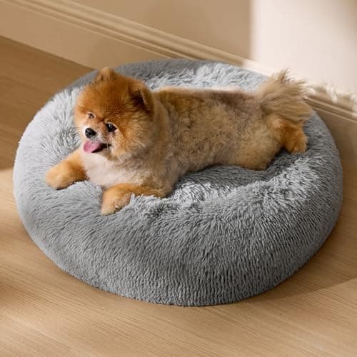 Image of Bedsure Plush Round Cat Bed - 60x60x14cm Washable Large Cat Beds for Indoor Cats, Fluffy Calming Anti Anxiety Dog Bed for Small Pets Dogs Puppy, Light Grey