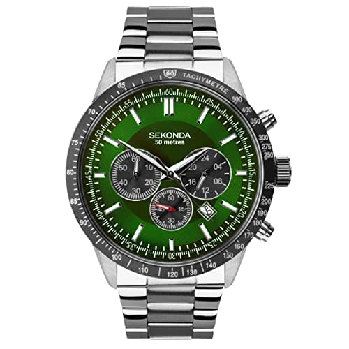 Image of Sekonda Men's Chronograph Watch, Green dial with Stainless Steel Silver Bracelet 1913