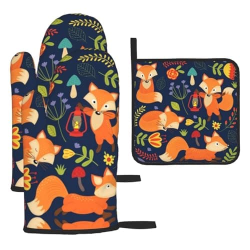 Image of Cute Animal Fox Flower Oven Gloves And Pot Holders Sets Of 3 Kitchen Heat Resistant For Kitchen Grilling, Baking, Bbq