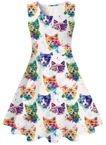 Image of Kids4ever Girls Dress Cat 3D Printed Sundress Flutter Sleeveless A Line Party Dress Casual Summer Dresses 4-5 Years