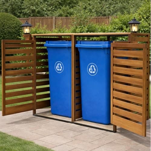 Image of Kingtoss Large Outdoor Wooden Double Wheelie Bin Storage for 2 x 240 Litre Bins, Garden Dustbin Shed with Slatted Panels, Secure Lockable Doors, Easy Access Lift Lid System & Durable Timber Build