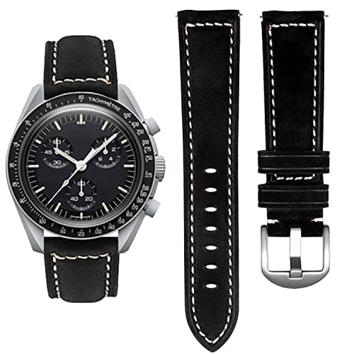 Image of Stanchev Leather Watch Strap for Omega X Swatch Moonswatch/Rolex/Seiko 20mm, No Gap, Black
