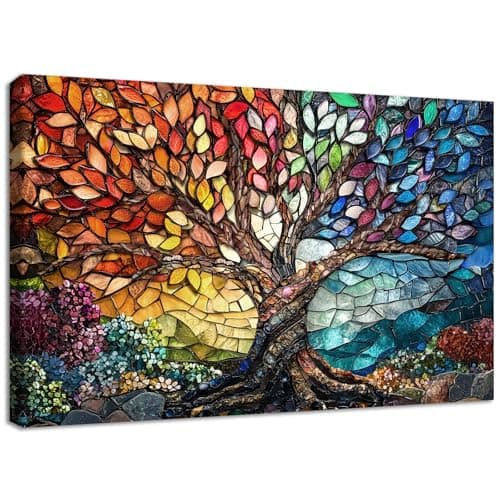Image of Wooden Framed Canvas Wall Art Colorful Gemstone Glass Tree of Life Painting on Canvas Prints Poster Red Yellow Blue Brown Pictures for Living Room Bedroom Hallway Corridor Bar Wall Decor 40x60cm