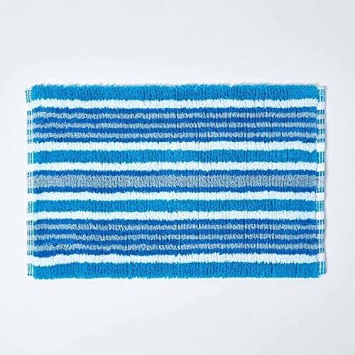 Image of HOMESCAPES Handloomed Blue Striped Rug, 100% Cotton Bath Mat Suitable for any Room Including Wet Rooms