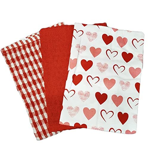 Image of Prime Housewares Set of 3 Beautiful Design Tea Towels 45cm x 65cm Tea Towel Sets 100% Cotton (Red Heart)