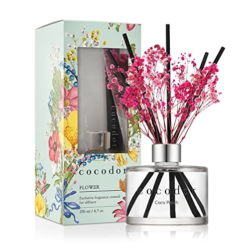 Image of [COCODOR/Coco Peach] Flower Reed diffusers Oil with a Set of 5 Fiber Sticks, 200ml, Best for Home, Kitchen, Bathroom. Diffusers with sticks