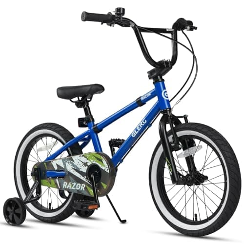 Image of Glerc Razor 16 Inch Kids Bike for 4 5 6 7 Years Old Boys BMX Style Bicycle with Kickstand & Safety Bell & Removable Stabilisers, Blue