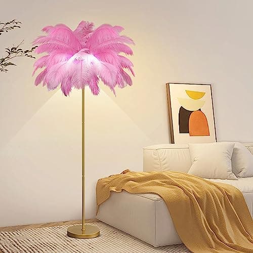 Image of JAMCHE Pink Feather Floor Lamp - 3 Color Temperatures, 1.6m Tall with Foot Switch, Gold Finish, 6 LED Bulbs