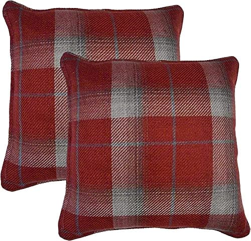 Image of Maple Textiles Set of 2 Red Tartan Classic Check Plaid Brushed Wool Feel Cushion Covers, 17'' x 17'' (MT/CT/RT)