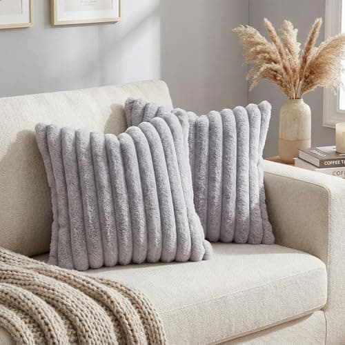 Image of Xqzbmt 2 Pack 45x45 cm Faux Fur Fluffy Cushion Covers, Grey Plush Striped Decorative Pillowcases for Sofa Bed Living Room Home Decor