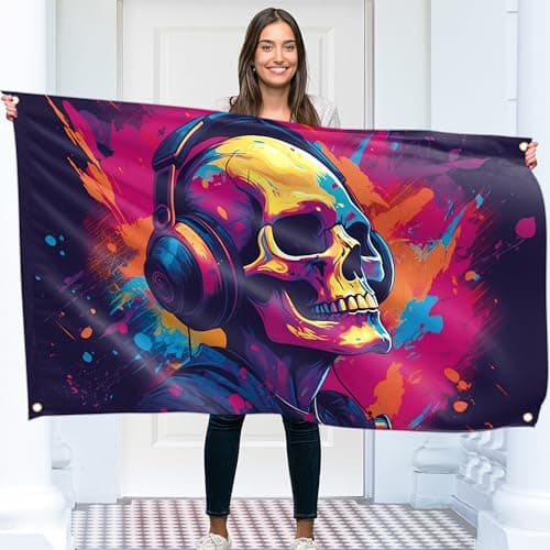 Image of Skull with Headphones Flag - Music Large Funny Flag - Double-Sided Print - 110D Polyester - Double Stitching - 2 Brass Eyelets, Large 90 x 150 cm (5 x 3 Feet)