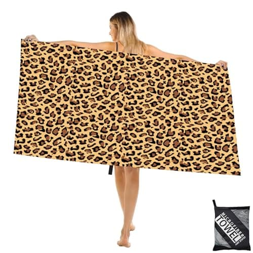 Image of Large Microfibre Brown Spots Leopard Beach Towel for Adult,160x90cm Double Side Natural Leopard Printed Sand Free Beach Towel,Lightweight Quick Dry Travel Swim Towel Net Bag,Thin Sports Towel Yoga Gym