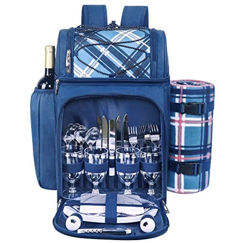 Image of Hap Tim Picnic Basket Backpack for 4 Person with Insulated Leak Proof Cooler Compartment,Wine Holder,Fleece Blanket,Cutlery Set,Perfect for Beach Camping Party,Gifts for Boys Girls,Blue (36079-BL)