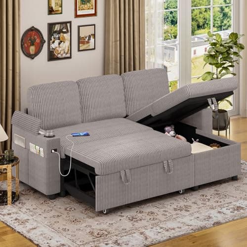 Image of Jooli H Corner Sofa Bed, 3-in-1 Convertible Sleeper Sofa Couch with 5 Adjustable Backrest, Storage Armrest and USB Charge, 3 Seater Pull Out Sofa Bed Couch for Living Room, Bedroom, Cream