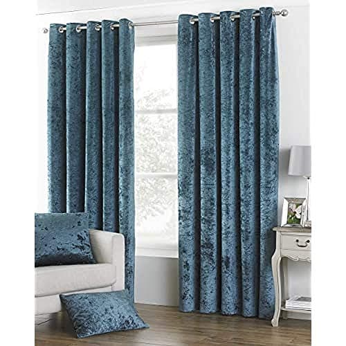 Image of Riva Paoletti Verona Ringtop Eyelet Curtains (Pair) - Teal Blue - Velvet Feel - Crushed Velvet Look - Ready Made - 100% Polyester - 229cm width x 229cm drop (90" x 90" inches) - Designed in the UK