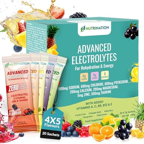 Image of Advanced Electrolytes Sachets – High Strength Hydration Sachets with 5 Electrolytes, 5 Essential Vitamins & 500mg Taurine for Energy Support – Zero Sugar, Zero Calories – Variety Pack of 20