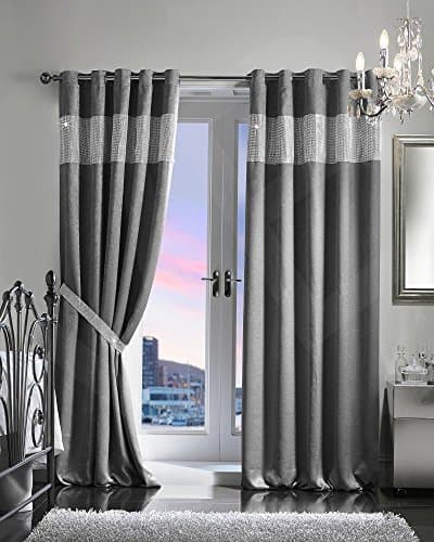 Image of viceroy bedding PAIR OF VELVET STYLE DIAMANTE THERMAL BLACKOUT Eyelet Ring Top Curtains Including Pair of Matching TIE BACKS (90'' x 72'', Silver/Grey)