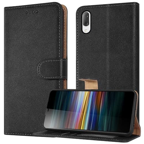 Image of PIXFAB For Sony Xperia L3 L3312 L4312 - Premium Black Leather Magnetic Book Wallet Protective Phone Case Cover With Veiwing Stand & Card Slots + Screen Protector