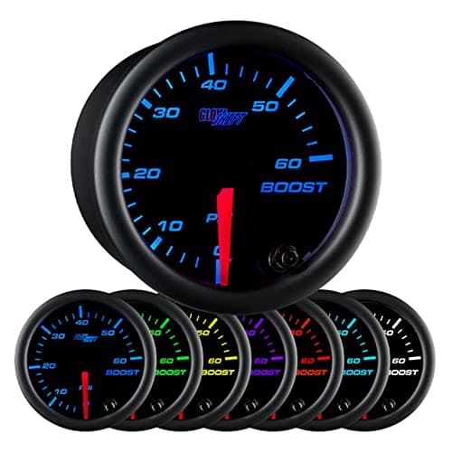 Image of GlowShift Black 7 Color 60 PSI Turbo Boost Gauge Kit - Includes Mechanical Hose, 1/8-27 NPT Fittings & Wiring - Multi-Color Display - Black Dial - Clear Lens - for Diesel Trucks - 2-1/16" 52mm