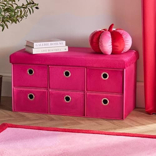 Image of OHS 6 Fabric Drawers Storage Unit, Matte Velvet Upholstered 6 Cube Drawer Storage Chest of Drawers with Metal Handle Cube Storages Unit Organizer for Bedroom Livingroom, Bright Pink