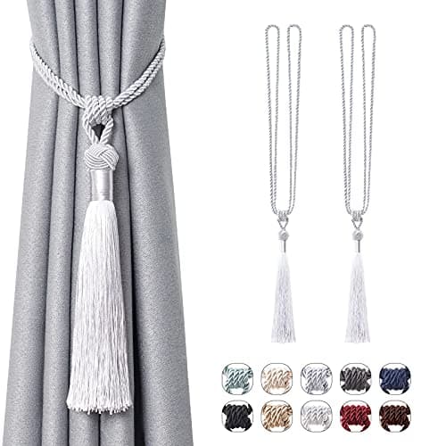Image of Pretty Jolly 2 Pack Long Tassel Curtain Tiebacks Handmade Braided Rope Knot Drape Tie Backs European Style Decorative Curtain Holdbacks for Home & Office Window Drapery (Silver Grey)