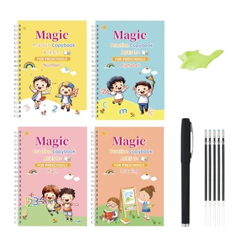 Image of Handwriting Practice Books for Kids Aged 3-5 (4 Books) - Reusable Grooved Magic Workbooks with Pens - Alphabet, Math, Number, Drawing Nursery School Kit - 19x13cm