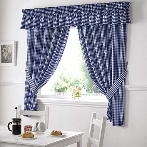 Image of Alan Symonds Ready Made Curtains Alan Symonds Gingham Kitchen Curtains Blue Pelmet 136 x 10 Inches, Fabric