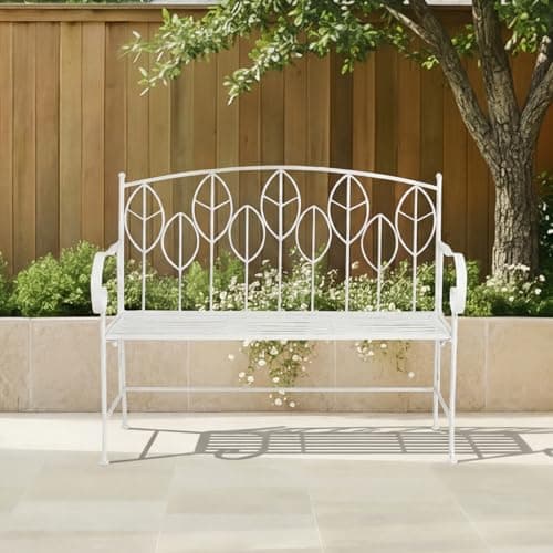 Image of CHARLES BENTLEY Garden Bench, Antique White, Rustic Metal, Leaf Design, Lightweight, Weather Resistant, Outdoor, Patio, Balcony, Decorative Seating, Easy to Move, Modern Rustic, 2 Seater (106x92.5cm)