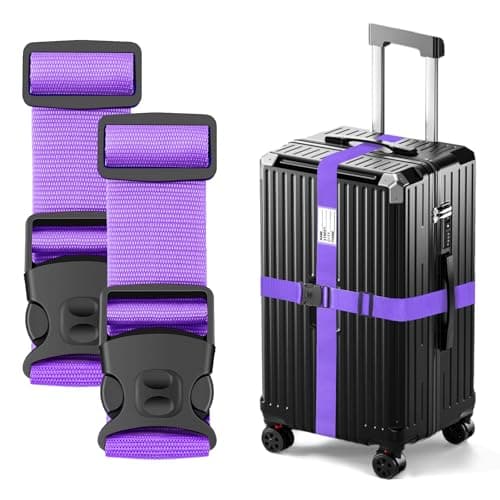 Image of BILIONE Luggage Straps Adjustable Suitcase Straps, Lockable Against Accidental Opening, Easy to Identify Travel Accessories, Add a Bag Connector Holds Suitcase Together (2-Lucky Purple)