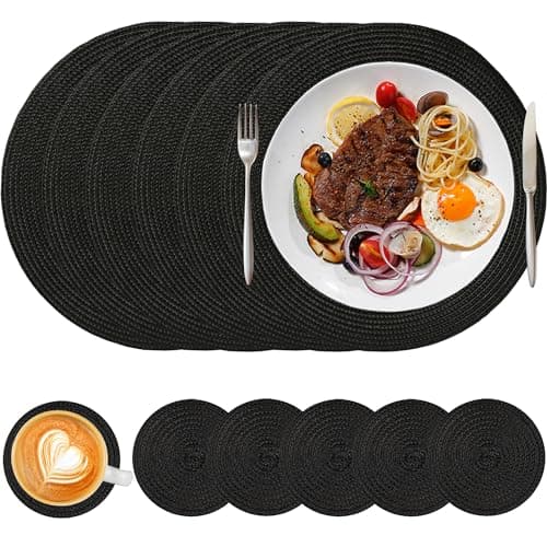 Image of HNVNER Black Round Placemats and Coaster Set of 6, Woven Table Mats Washbale Heat Resistant Place Mats for Dining Table