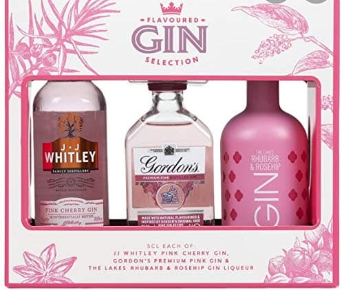 Image of Flavoured Gins Selection Box, 3x5cl, Includes Gordon's Premium Pink, Edinburgh Raspberry Gin Liqueur and Warner's Rhubarb Flavoured Gin. Tasting Set and Gift for Gin Lovers by Blue Tree Gifts