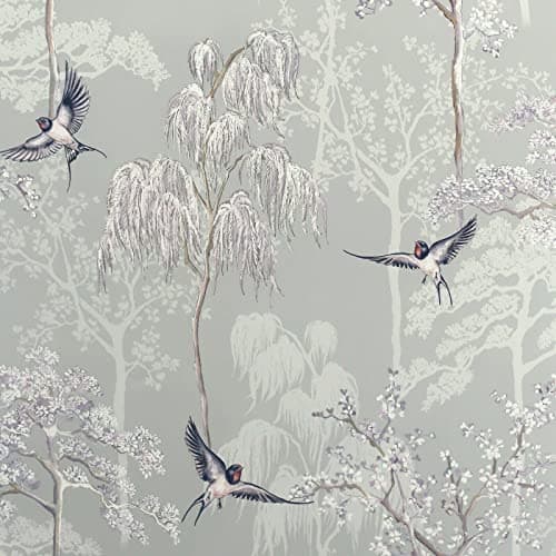 Image of Japanese Garden Wallpaper Birds Tress Floral Grey Lilac