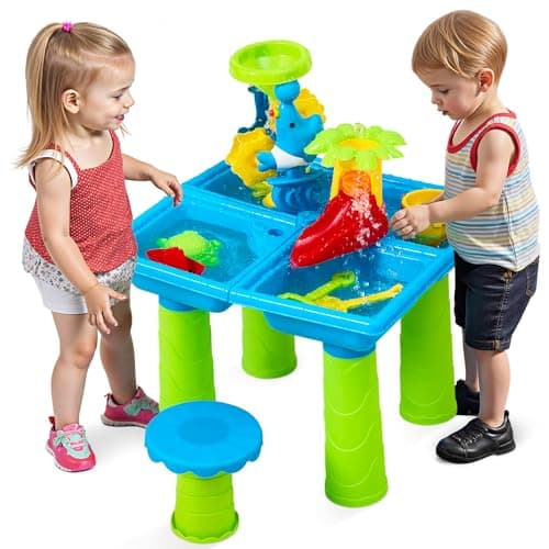 Image of Warmiehomy Sand and Water Table for Toddlers 3-5 Kids Outdoor Play Table with Stool 4 in 1 Activity Sensory Tables w/Accessories Summer Backyard Outdoor Beach Toy for Boys Girls Age 3 4 5 6 7 8