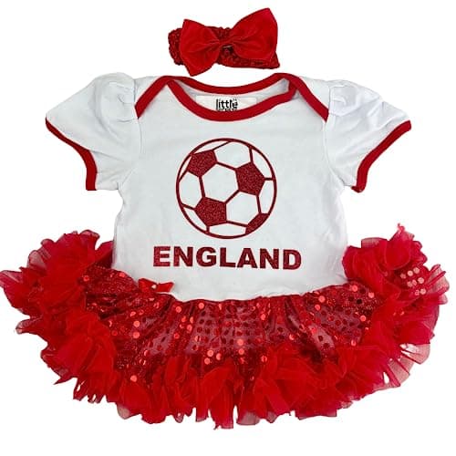 Image of Little Secrets Clothing Baby Girls England Football Red Sequin Tutu Romper with Headband, 3-6 Months, White, Newborn Baby Football Kit