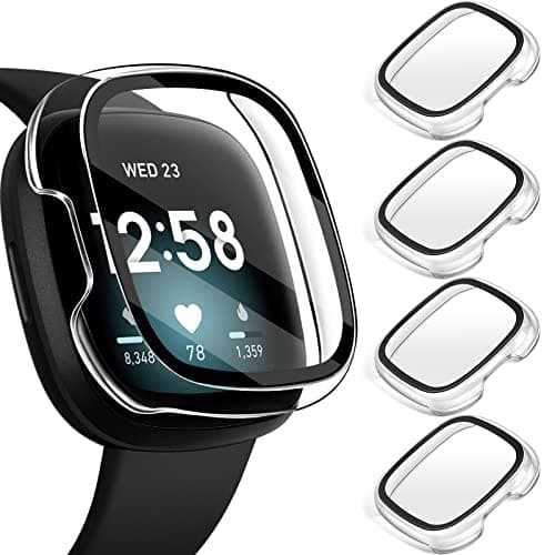 Image of ivoler [4 Pack] Compatible with Fitbit Versa 3/Sense Screen Protector, Hard PC Tempered Glass Case Bumper Cover Compatible for Fitbit Sense/Versa 3 Smartwatch Bands Accessories