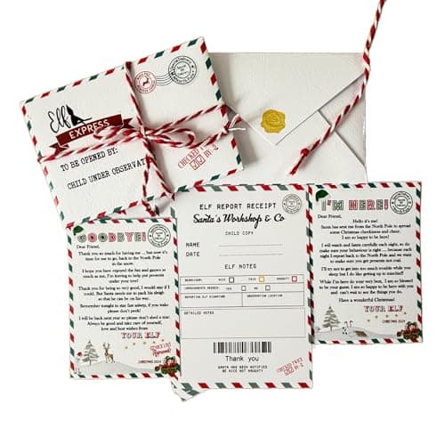 Image of Christmas ELF MINI PERSONALISED Letters for children 10pcs, 2 Letters arrival and goodbye, 2 Envelopes, Candy Cane Twine, 4 Elf report receipts. Elf letter Cute Minis