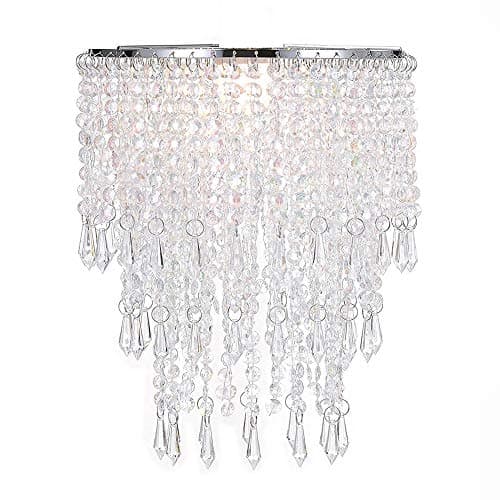 Image of Waneway 3 Tiers Ceiling Chandelier Pendant Light Shade with Acrylic Jewel Droplets, Beaded Lampshade with Chrome Frame and Clear Beads, Diameter 22 cm, Clear
