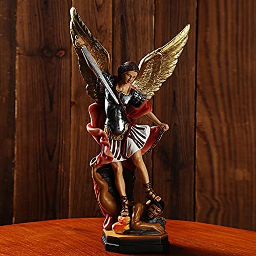 Image of B/C St. Michael Archangel Statue | Archangel of Protection & Justice - Angel & Demon Battle Statue | Resin & Wood, 8.66" x 4.72" - Justice Lasts Forever | Collectible Angel