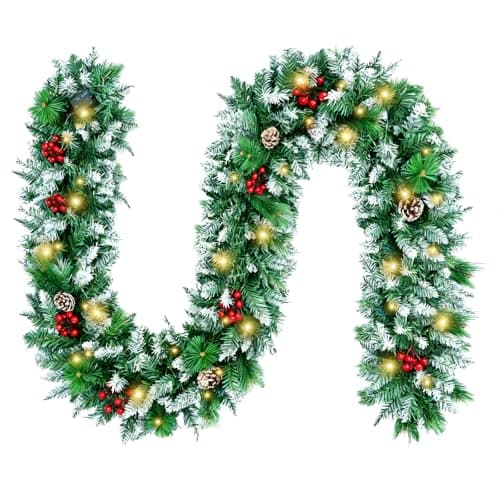 Image of 2.7M/ 9FT Christmas Garland with Lights, Xmas Garland Decorations for Fireplace Stairs Door Bannister Window, Pre Lit Garland with LED Lights, Red Berries and Pine Cones