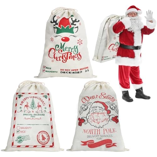 Image of DERAYEE 3 Pack Christmas Santa Sacks, Christmas burlap bag with Drawstring Personalized Gift Bags for Xmas Presents Holder Party Supplies