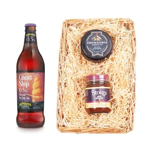 Image of Adnams Alcohol Free Beer Wicker Tray Gift Set | Ghost Ship 0.5% 500ml | Snowdonia Black Bomber Cheese 200g | Stokes Beer Chutney 250g | Food & Drink Hamper