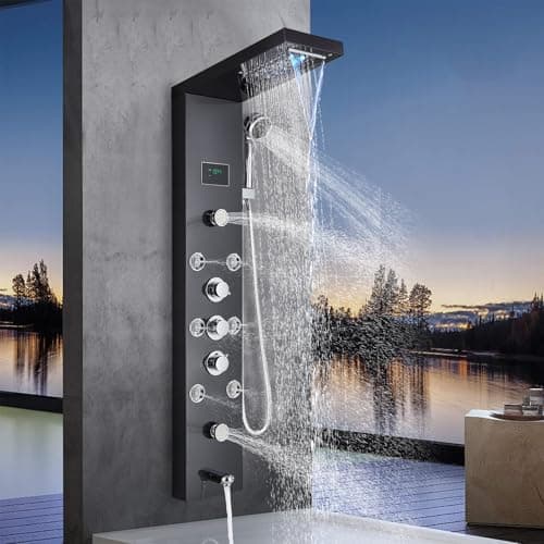 Image of HARNART 5 Function Black Shower Panel Tower System with LED Light and Temperature Display,Rainfall Waterfall Shower Head,Handheld Shower, Body Jets, Bathtub Spout,Wall-Mounted Column Shower