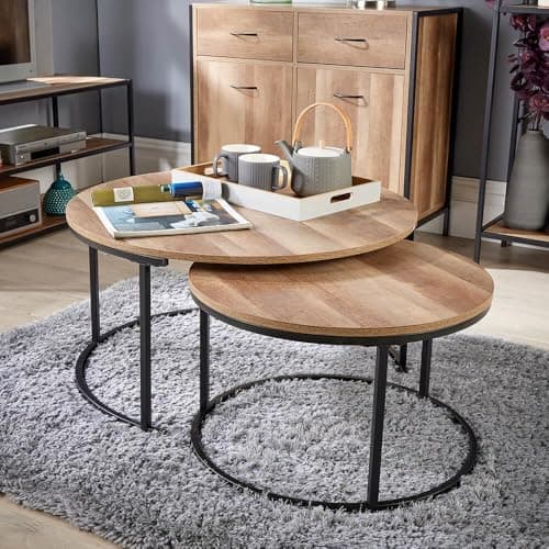 Image of Home Source Round Stackable Nest of 2 Coffee Side Tables, Black Metal Frame, Weathered Oak Effect Finish
